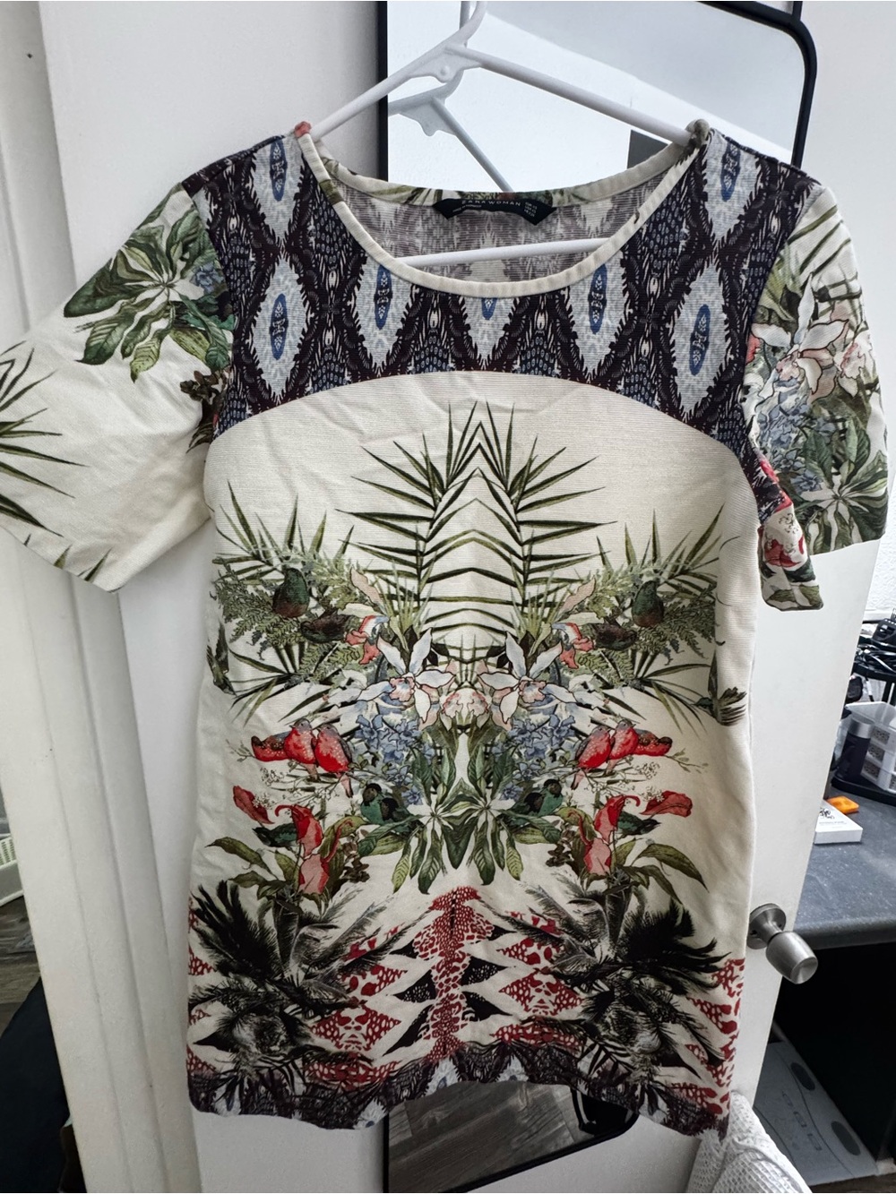 Zara Cream Tropical Botanical Short Sleeve Tee with Green & Red Accents